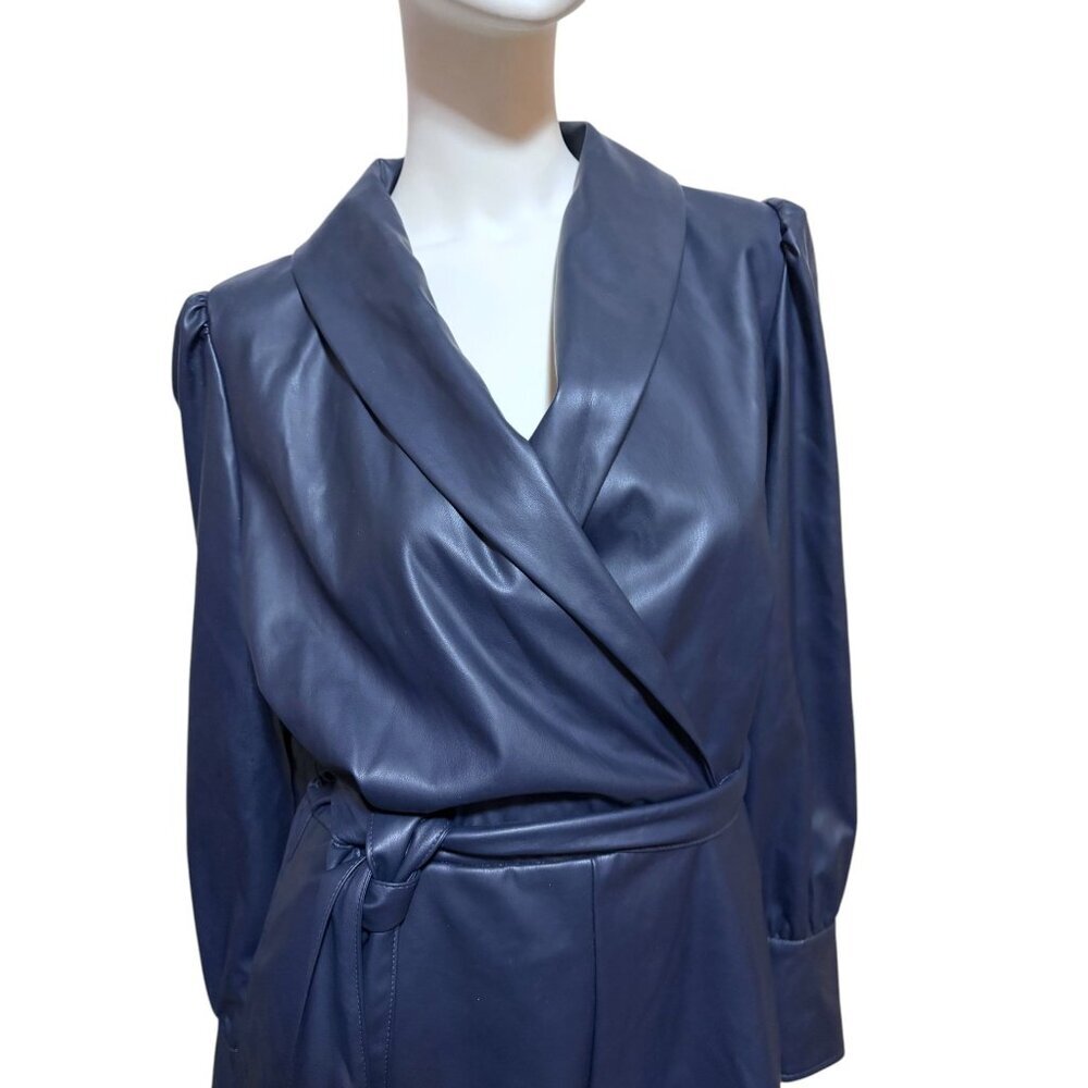 BCBG Slate Blue Faux Leather Long Sleeve Romper M Wrap Moto Luxe Biker Rave - Picture 2 of 11